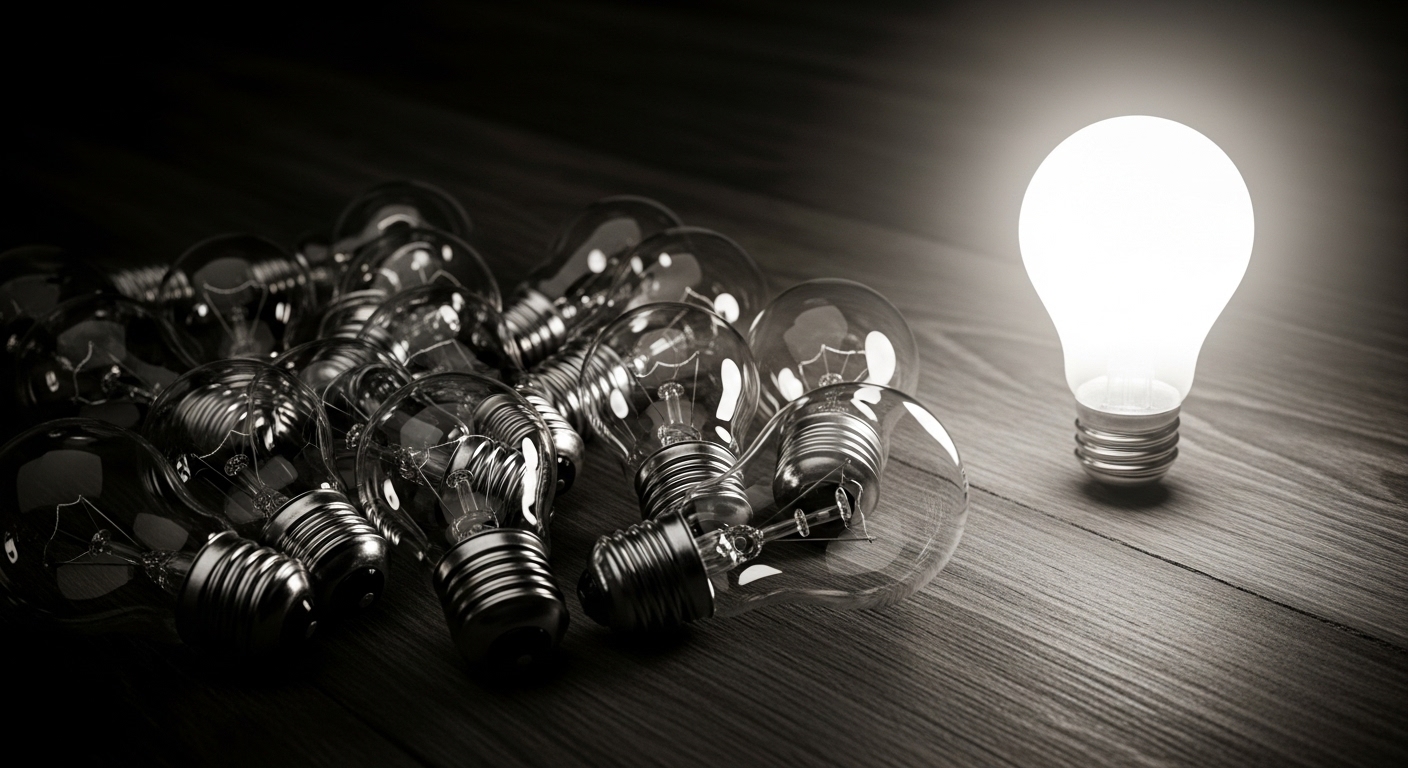 Uma única lâmpada acesa, em um cenário escuro, se destaca de um grupo de lâmpadas apagadas. A imagem é uma metáfora visual para a inovação e o sucesso, simbolizando a "ideia brilhante" que se diferencia em um mercado saturado, sendo a base para o desenvolvimento de novos produtos digitais.
