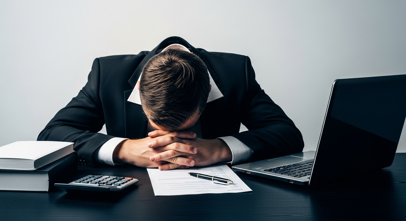 Um homem, com uma expressão de estresse e frustração, esconde o rosto nas mãos, apoiado em sua mesa de trabalho. A imagem, que também mostra um notebook, uma calculadora, documentos e uma caneta, simboliza as dificuldades e desafios enfrentados na gestão e desenvolvimento de produtos digitais.