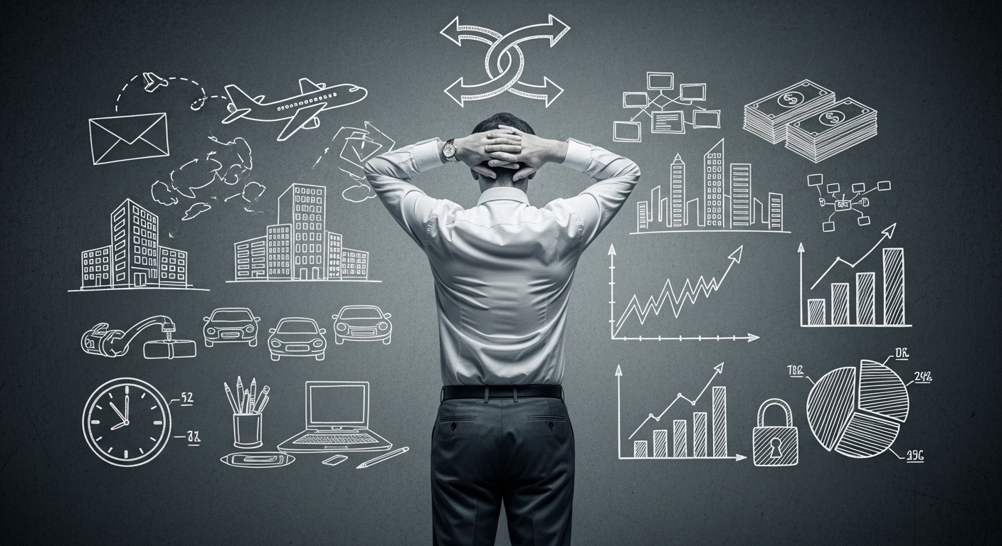 Um homem de negócios de costas para a câmera, de pé em frente a um quadro-negro cheio de desenhos de projetos, gráficos, prédios e conceitos relacionados à tecnologia e negócios. A imagem ilustra a complexidade da gestão de projetos e o desenvolvimento de produtos digitais, com ícones que representam desde transporte até finanças e planejamento estratégico.