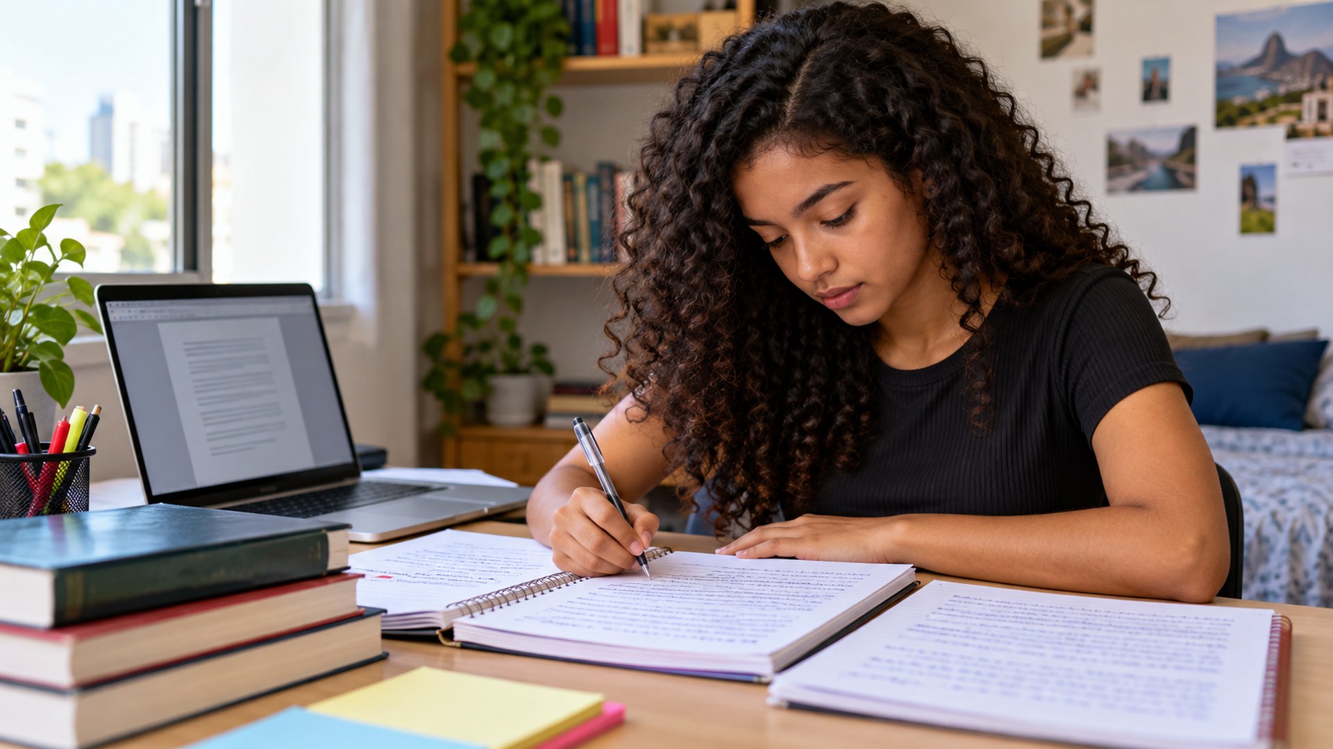 Estudante prepara redação do Enem com caderno e materiais de estudo