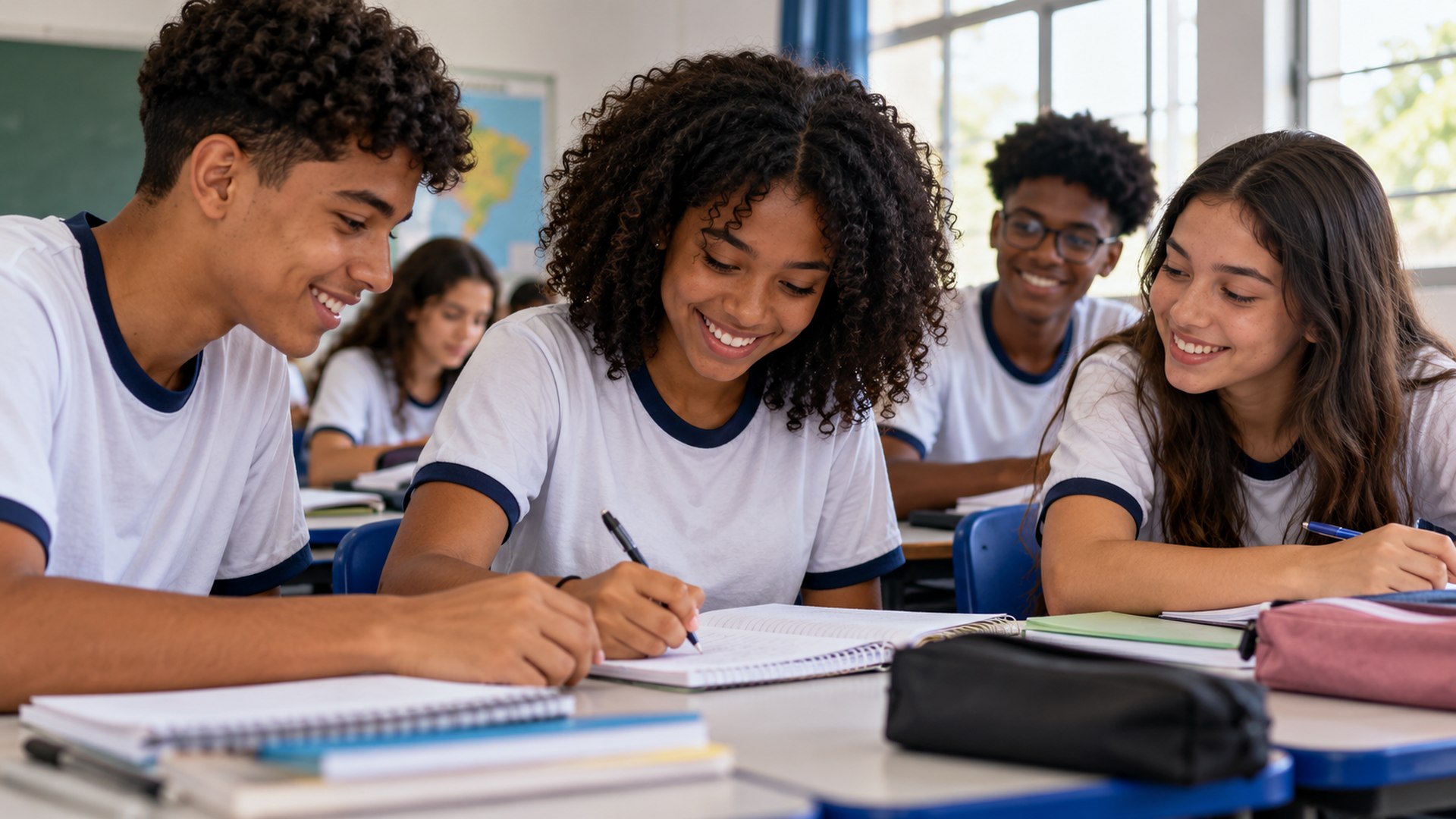 Estudantes do ensino médio estudam juntos em sala de aula