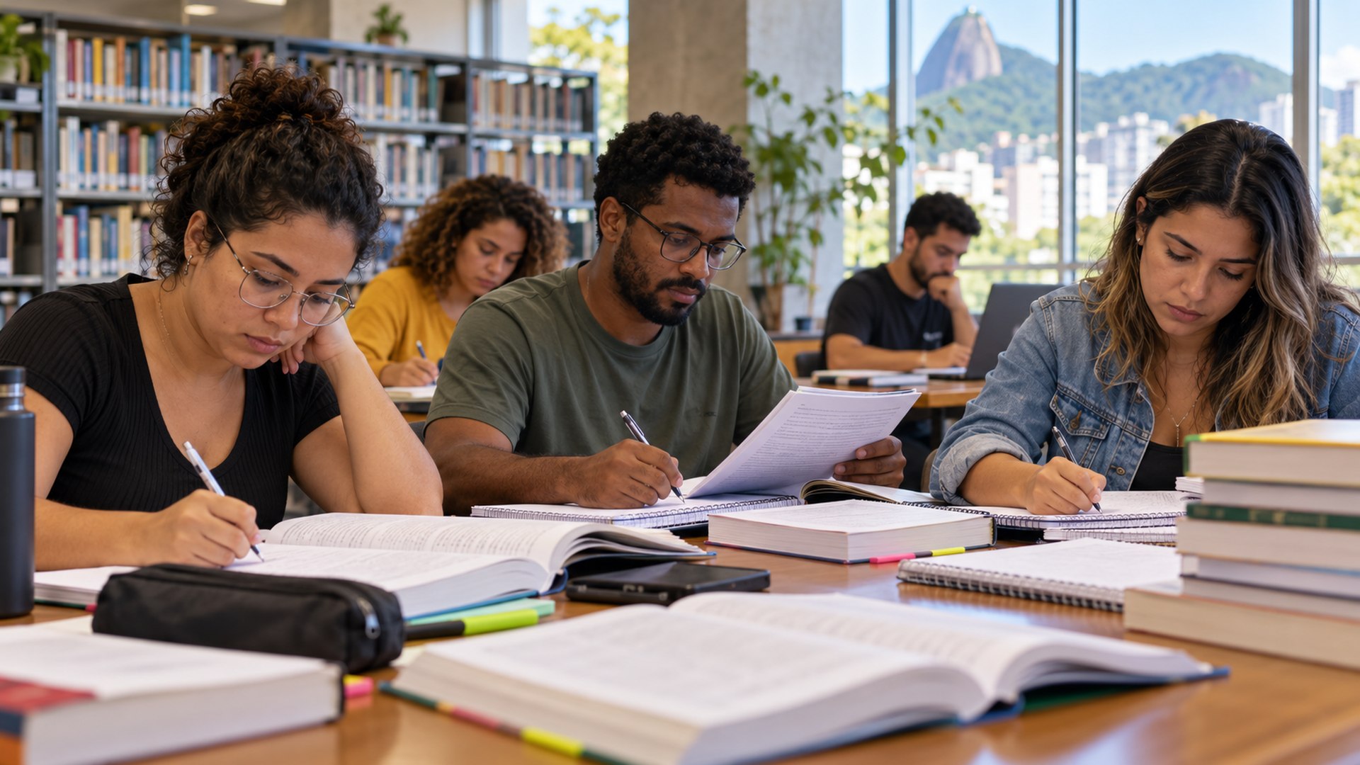 Candidatos à docência estudam para prova nacional em biblioteca