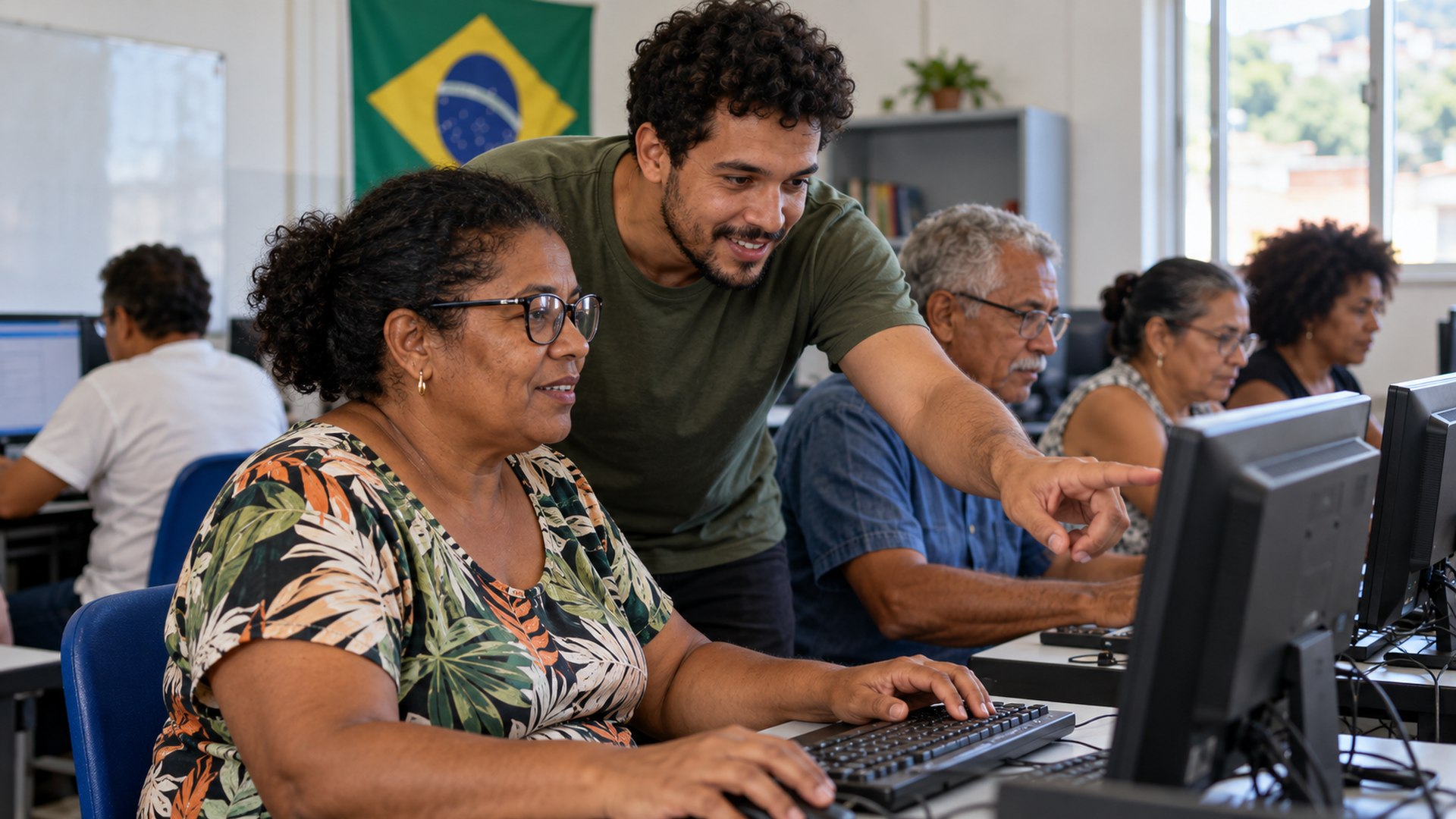 Adultos aprendem habilidades digitais em sala de informática