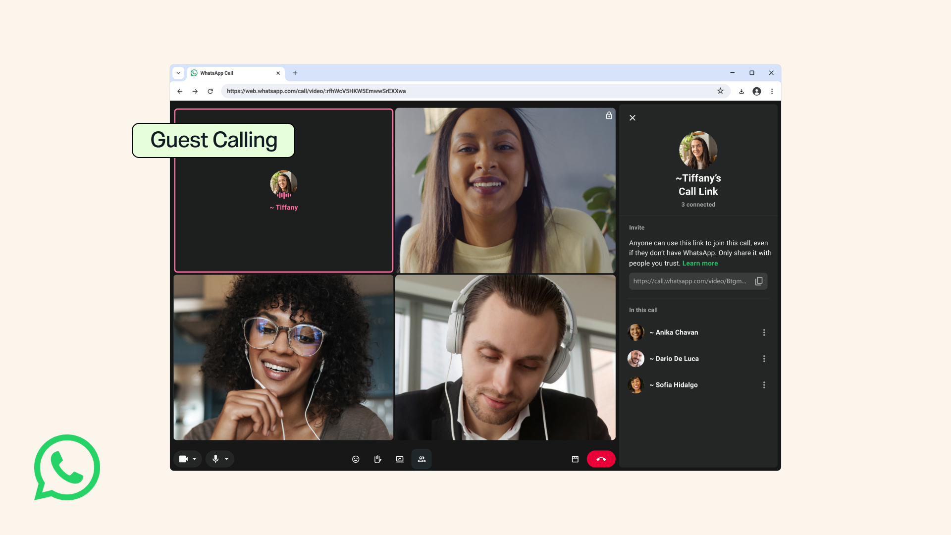 Imagem oficial mostra interface de uma ligação do WhatsApp com convidados no navegador.
